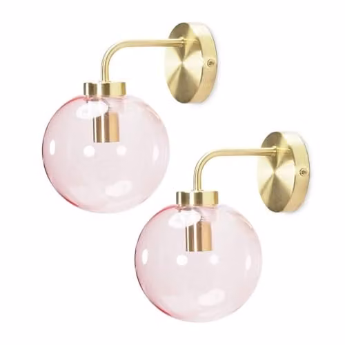 ValueLights Pair of Gold Metal Stem Wall Lights with Pink Tinted Glass Sphere Shades and Bulbs