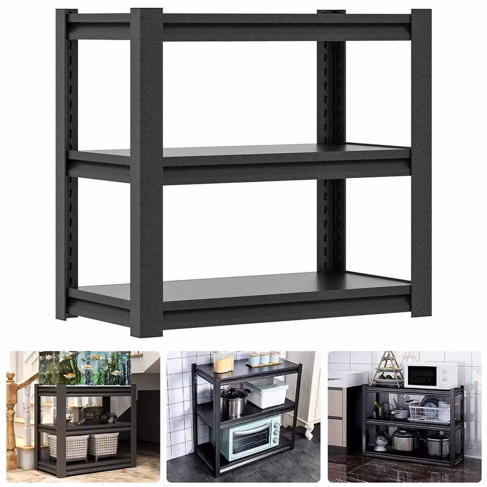 KORVIXA 3 Tier Boltless Garage Storage Shelving Steel Racking, Black, W: 90 cm, D: 80 cm, H: 90 cm – 3
