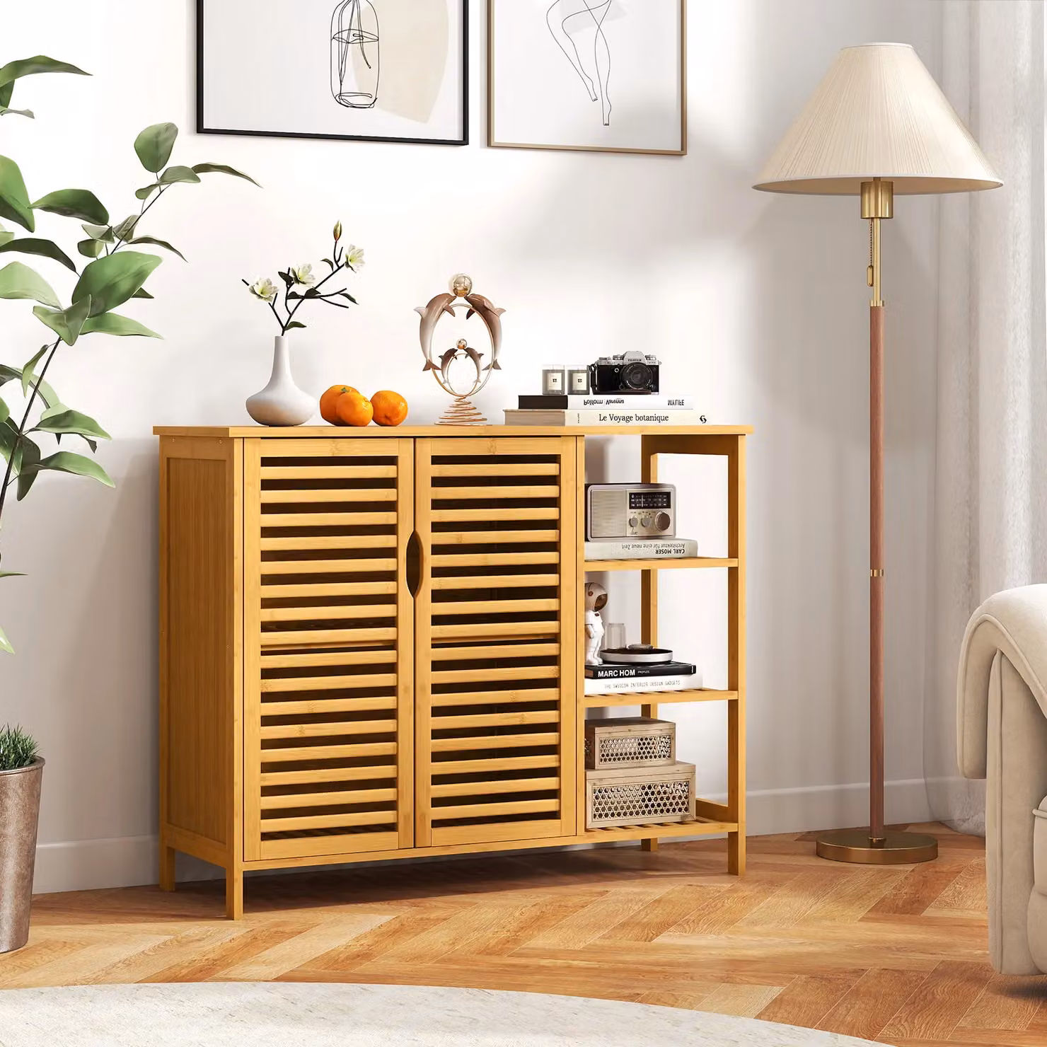 Costway Bamboo 2-Door Bathroom Cabinet with Internal Shelves and Open Storage in Natural Brown – 3