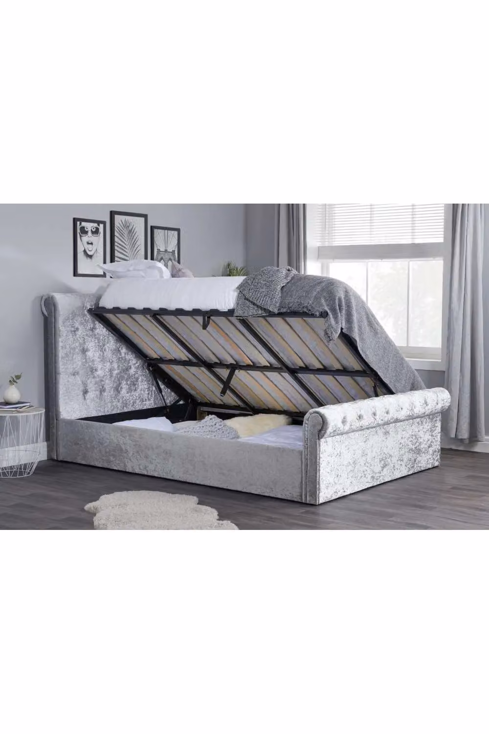 Birlea Sienna Grey Metallic Silver Crushed Velvet Ottoman Bed Frame with Lift Up Base, W/D/H: 180 x 200 cm – 2