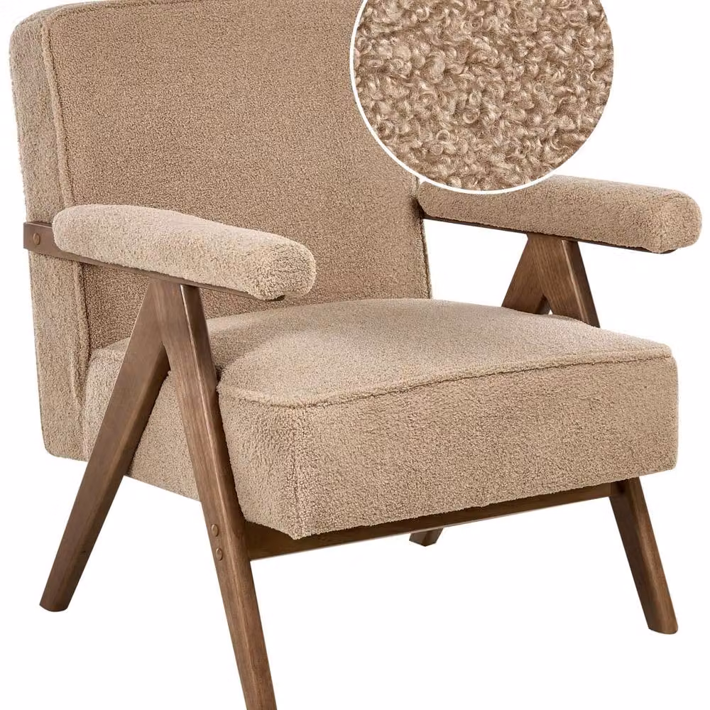 Wyld Haus Sand Beige Boucle Retro Armchair with Rubberwood Frame and Pillow Top Armrests – 2