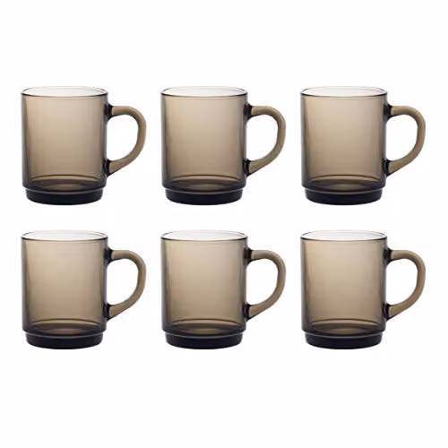 Duralex Versailles Glass Mugs, Set of 6, Black or Grey, 260ml