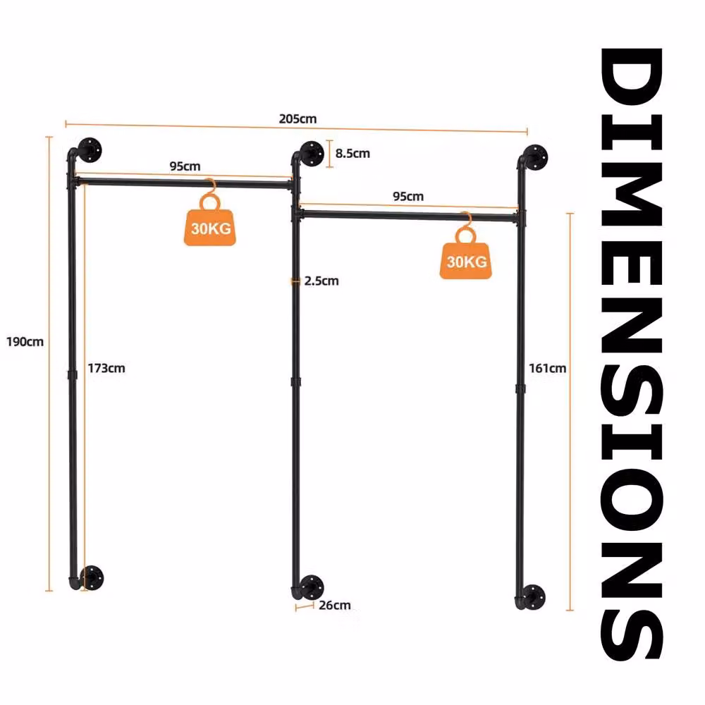 FURNOS Industrial Matt Black Metal Wall-Mounted Continuous Linear Tube Clothes Hanging Rail – 6