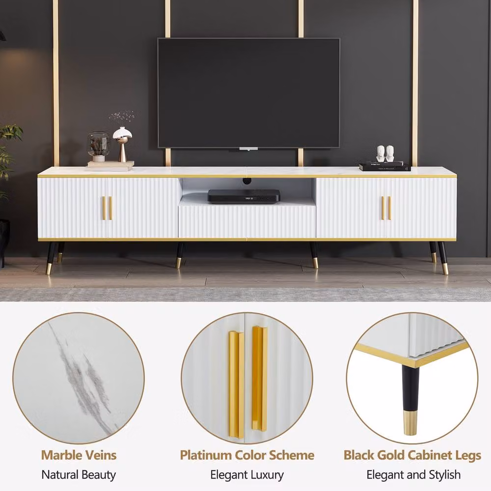 Merax Modern White and Gold Media Console TV Stand with Marble Effect Top and Soft Close Drawers, W: 200 cm, D: 40 cm, H: 46 cm – 6