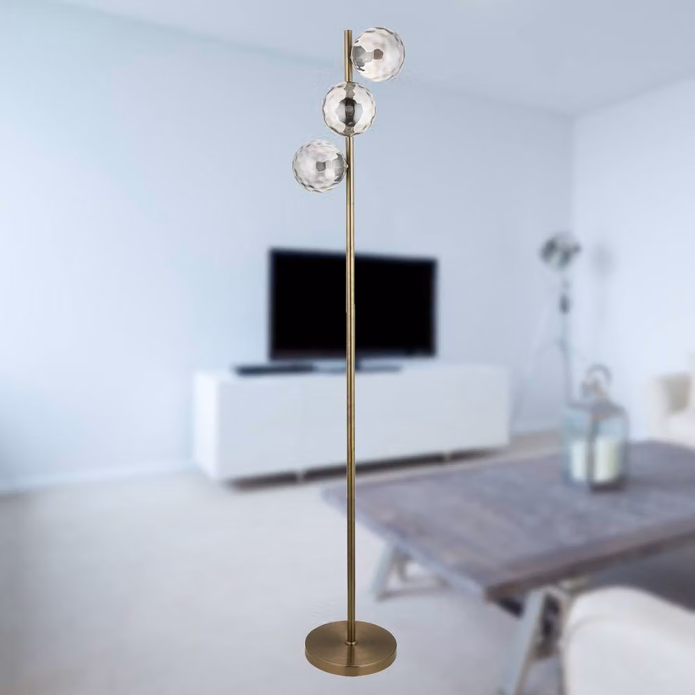 First Choice Lighting Becksley Floor Lamp in Antique Brass and Bronze with Transparent Glass Globe Shades, Height: 145.2 cm – 3