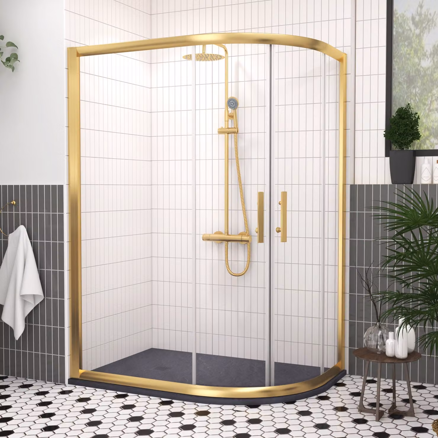 Royal Bathrooms Venice Offset Quadrant Shower Enclosure with Grey Stone Mineral Cast Tray, Brushed Brass, W: 120 cm, D: 80 cm, 6mm Double Sliding Door