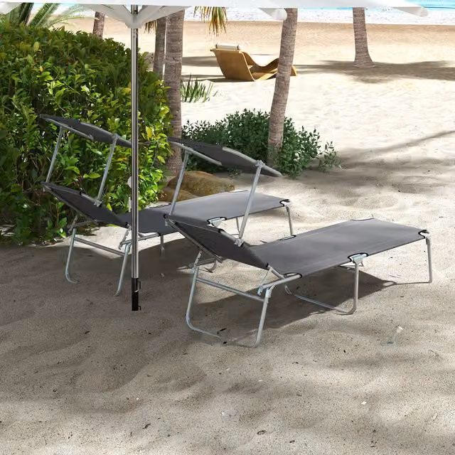 Outsunny Set of 2 Grey Foldable Reclining Sun Loungers with Adjustable Awning