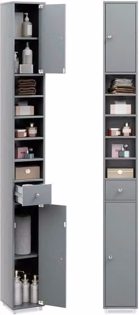 Kelvenix Grey Slim Freestanding Bathroom Tall Cabinet with Internal Shelves and Matt Finish – 1