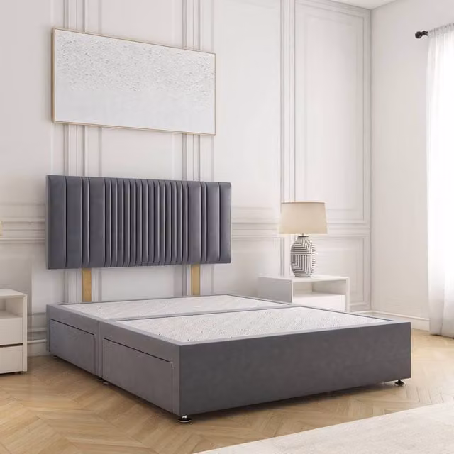 BSSPOKE Florence Plush Divan Bed with 24 inch Headboard and 2 Drawers in Charcoal Grey, W/D/H: 180 x 200 cm