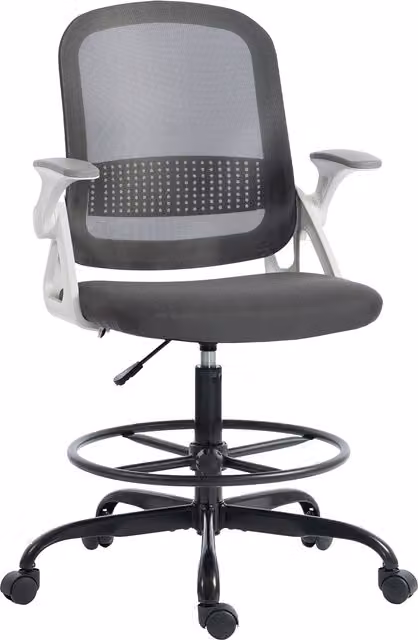 HOMCOM Grey Mesh Drafting Chair with Flip-up Armrests and Foot Ring