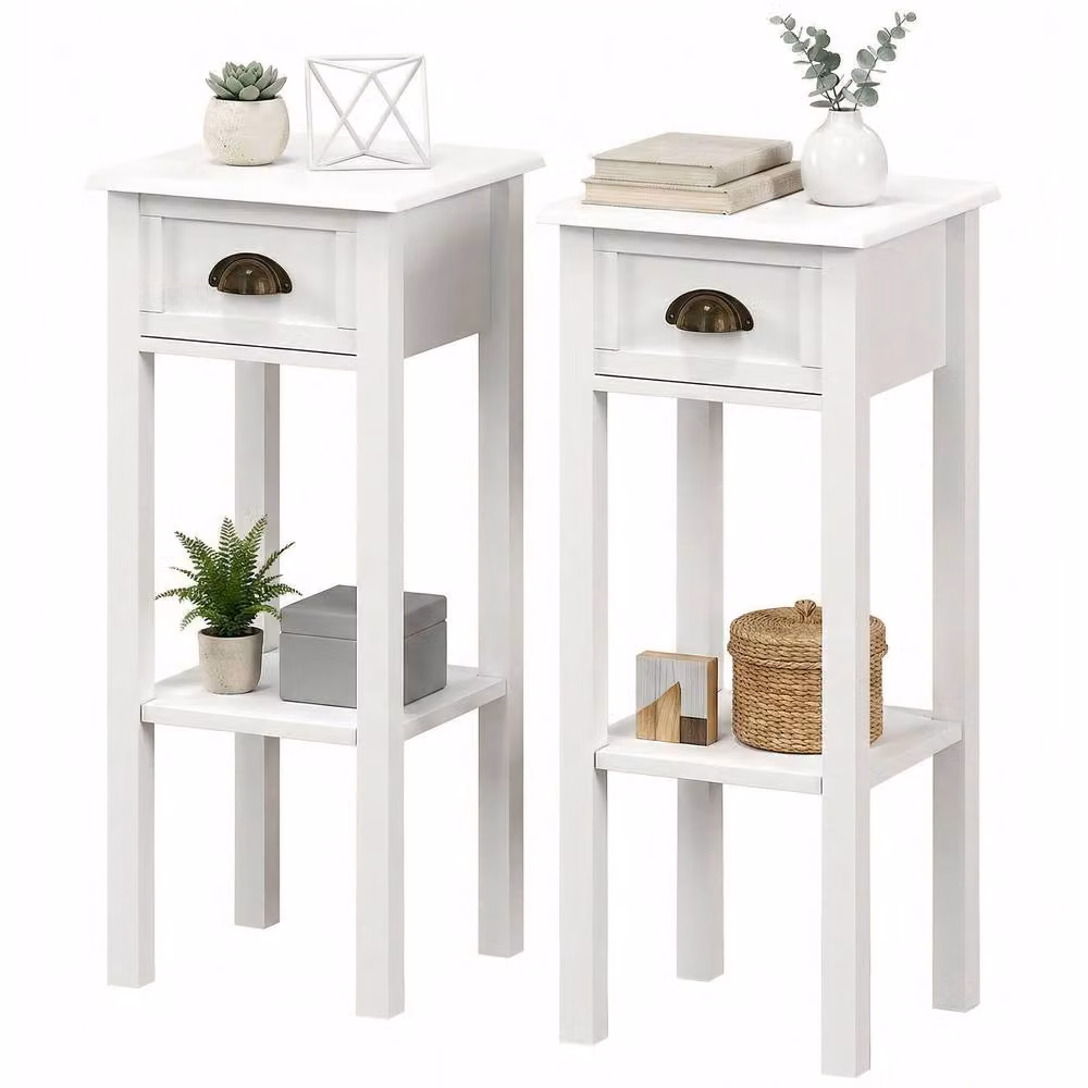 STILVORA Set of 2 Modern White Wood Side Tables with Drawer and Shelf – 3