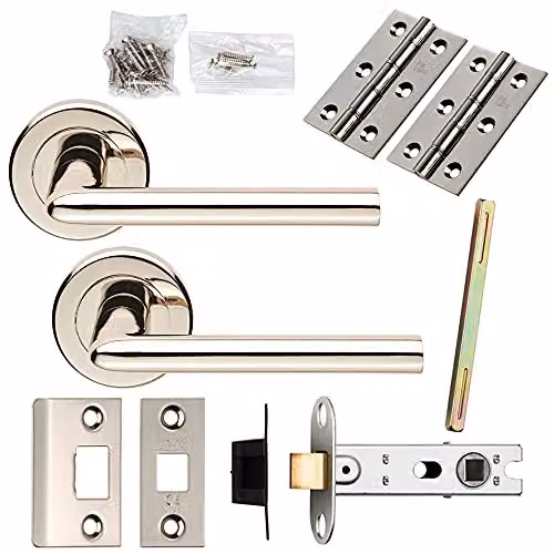 Loops Door Handle and Latch Pack in Polished Nickel with Straight Slim Lever and Screwless Rose