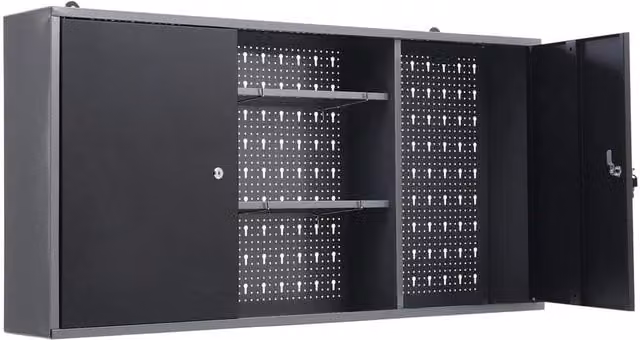 Livingandhome Lockable Metal Wall Mounted Tool Cabinet with Internal Shelves and Pegboard in Matt Black