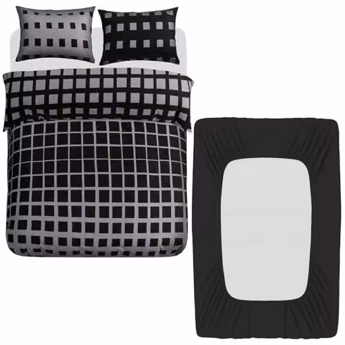Grace 4 Piece Microfibre Reversible Duvet Cover Set with Matching Fitted Sheet in Black or Grey, W/D/H: 200 x 200 cm