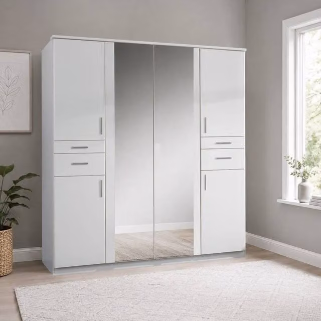 KDMD Harrogate White 4 Door Wardrobe with Mirrors and Integrated Storage Drawers H 180 x W 199 x D 58 cm