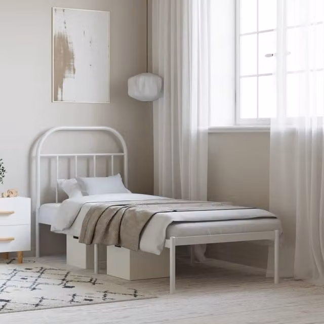 Berkfield Home Metal Bed Frame with Headboard in White, W/D/H: 75 x 190 cm Small Single