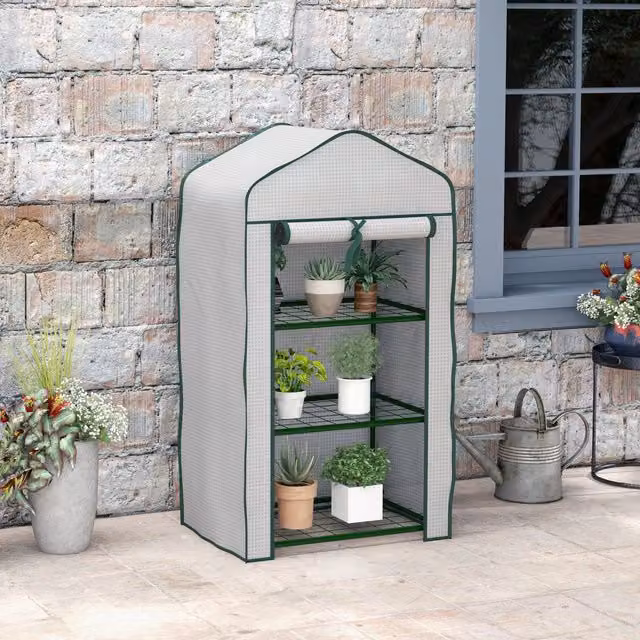 Outsunny 3 Tier Mini Greenhouse with Reinforced PE Cover in White