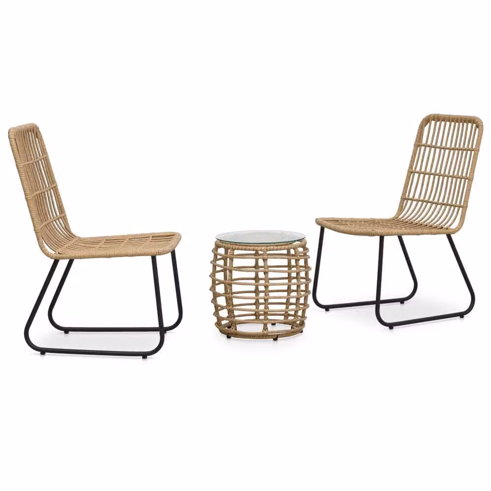 Berkfield Home 3 Piece Bistro Set in Light Brown Oak Poly Rattan with Metal and Glass Details – 2