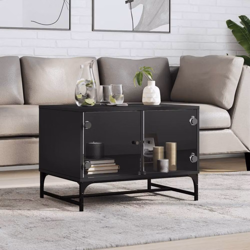 Berkfield Home Modern Black Coffee Table with Glass Doors W/D/H: 68.5 x 50 x 50 cm – 2