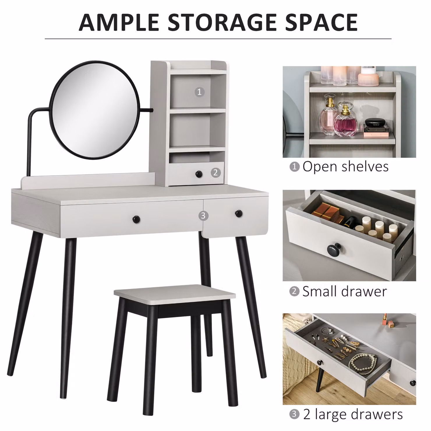 HOMCOM Grey Dressing Table Set with Mirror, Stool, 3 Drawers and Open Shelves – 5