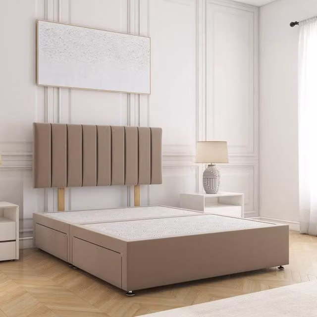 BSSPOKE Aria Super King Divan Bed with 2 Drawers and 24 inch Headboard in Taupe Plush Velvet