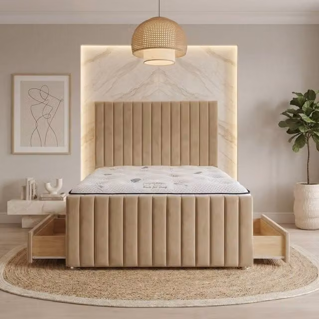 Somnior Eleanor King Size Velvet Divan Bed with 4 Drawers and Hybrid Mattress in Beige, W/D/H: 180 x 200 cm