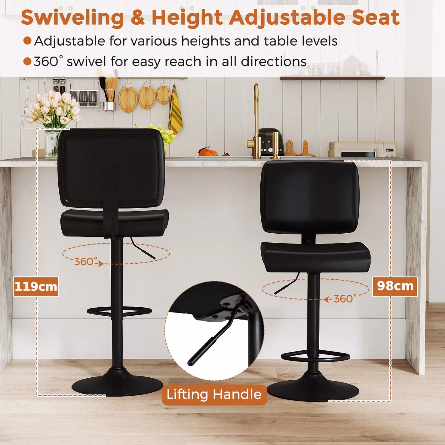 Gymax Set of 2 Modern Black Swivel Bar Stools with Adjustable Height and Synthetic Leather Upholstery – 6