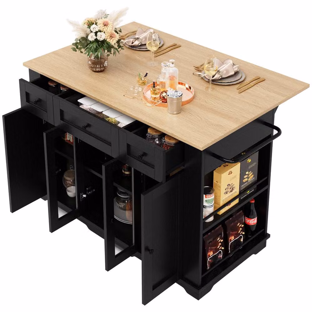 Rolipo Kitchen Island Dining Trolley with Wood Grain Top and Glass Cabinet in Black – 3