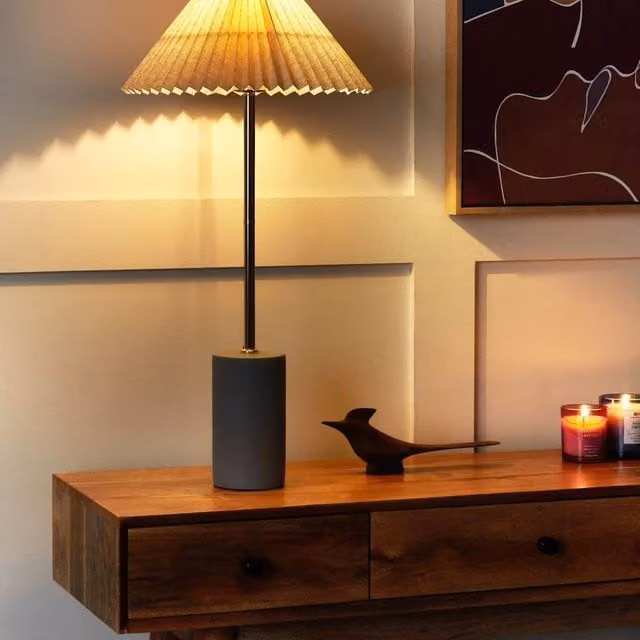 Wyld and Coco Beige Bedside Lamp with Concrete Base and Fabric Shade, Height: 68 cm