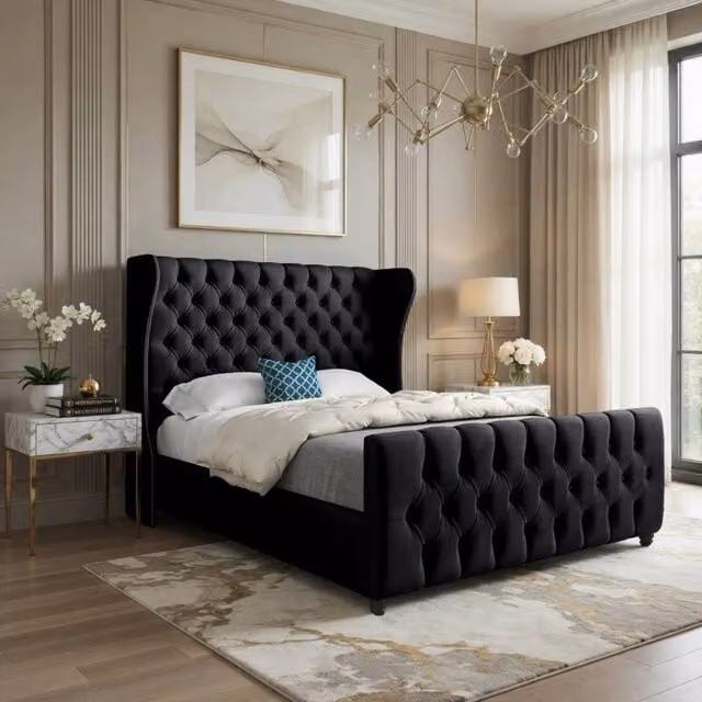 Casani Horsham Upholstered Black Velvet Designer Bed Frame, W/D/H: 200 x 137 x 189 cm – 1