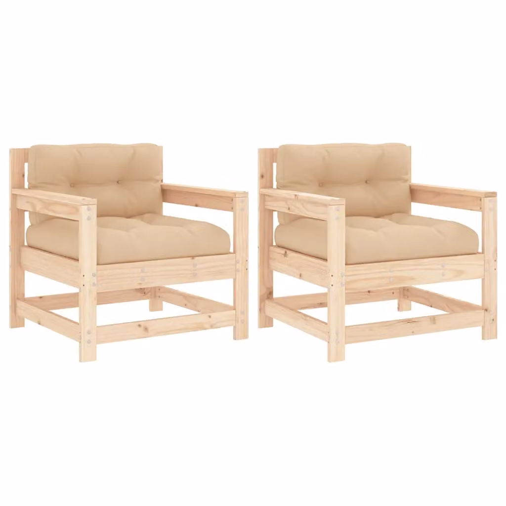 Berkfield Home Set of 2 Rustic Solid Wood Pine Garden Chairs with Beige Cushions in Brown – 2