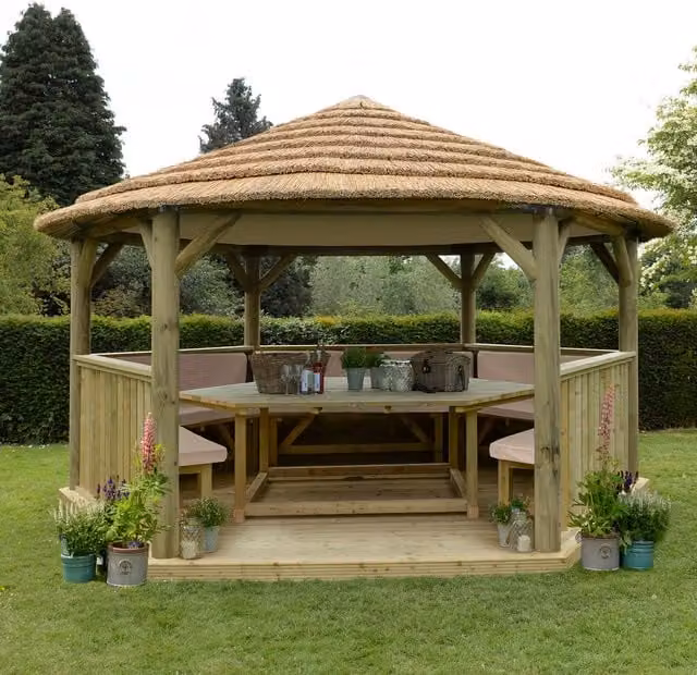 Forest Hexagonal Thatched Garden Gazebo with Pine and Steel Frame in Cream