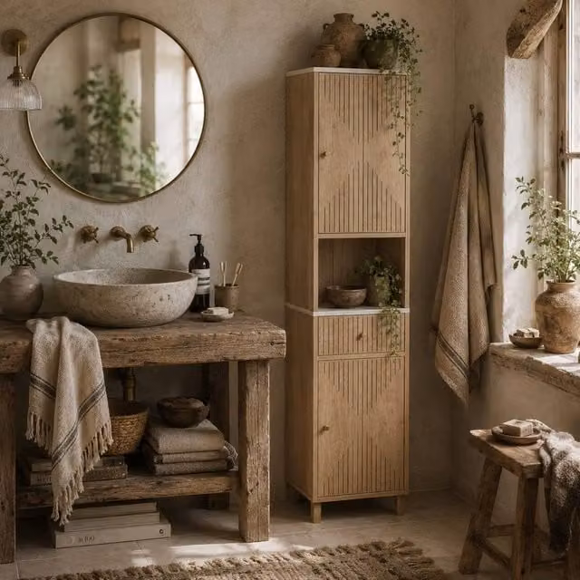 Wyld Haus Fasu Slim Tall Bathroom Cabinet in Light Oak with Soft Close Drawer and Internal Shelves, H 168.0 cm x W 41.5 cm – 1