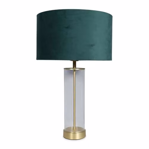 ValueLights Glass and Gold Metal Table Lamp with Green Fabric Shade and LED Bulb – 1
