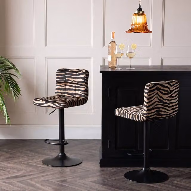 OHS Set of 2 Animal Print Velvet Adjustable Bar Stools with Swivel Seats and Metal Frames in Multicolour