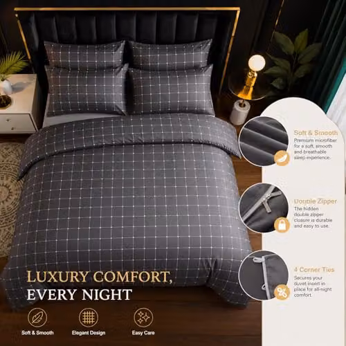 Lazzaro Double Checked Grey Microfibre Duvet Cover and Pillowcase Set, W/D/H: 200 x 200 cm and 50 x 75 cm – 2