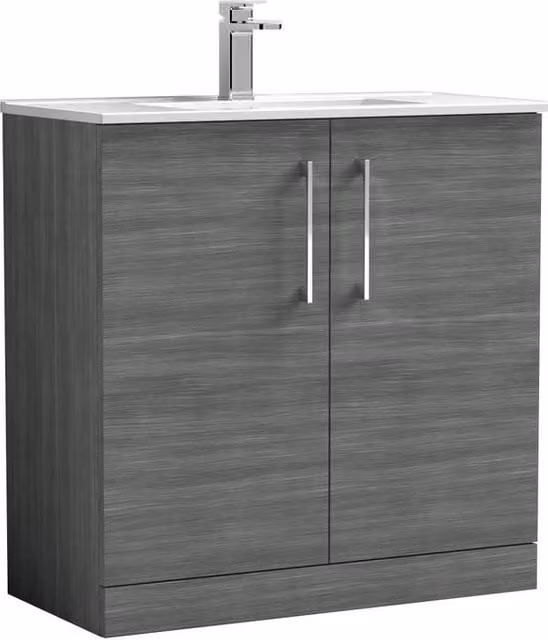 Balterley Anthracite Grey Freestanding Bathroom Floor Vanity Unit with 2 Soft Close Doors and Vitreous China Basin, Width: 80 cm