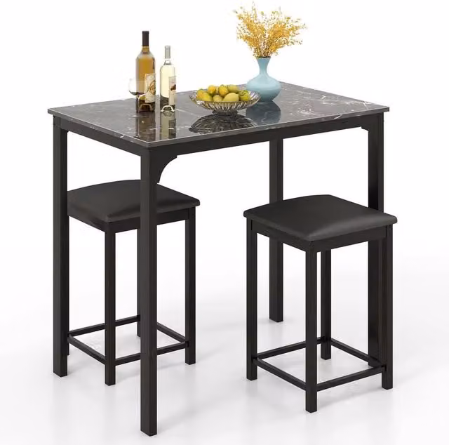 VOGREX Black 3-Piece Modern Counter Height Dining Set with Marble Effect Rectangular Table – 1