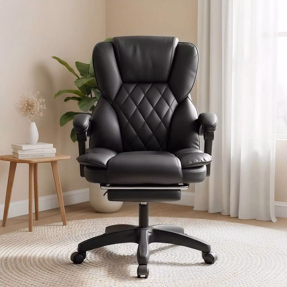 KORVIXA Black Synthetic Leather High Back Ergonomic Swivel Executive Computer Desk Chair with Headrest and Armrests – 3