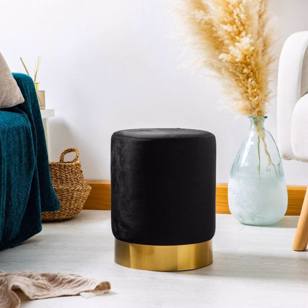 Kelvenix Black Velvet Round Pouffe Ottoman for Bedroom or Dressing Table, Diameter: 29 cm, Height: 36 cm – 2