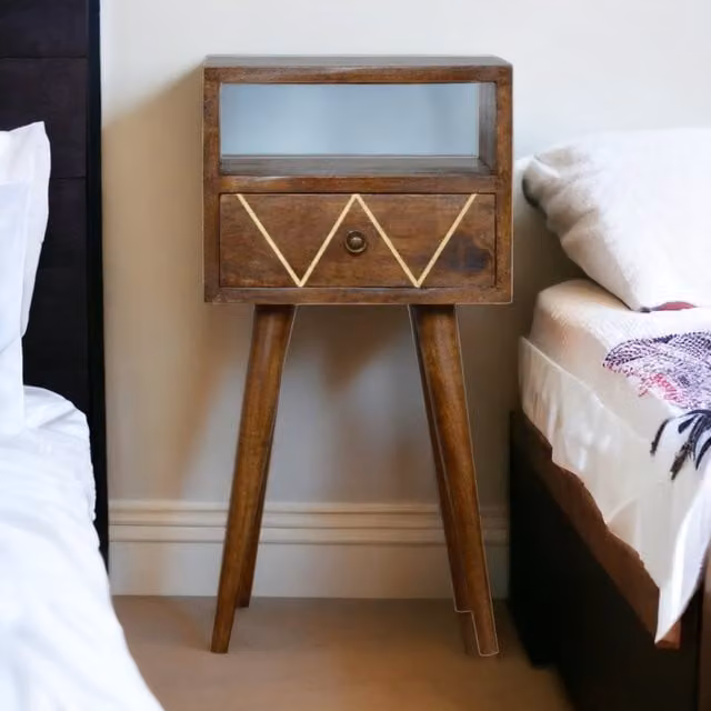 Artisan Furniture Soldi Wood Mini Geo Brass Bedside Table in Chestnut Mango Wood and Gold