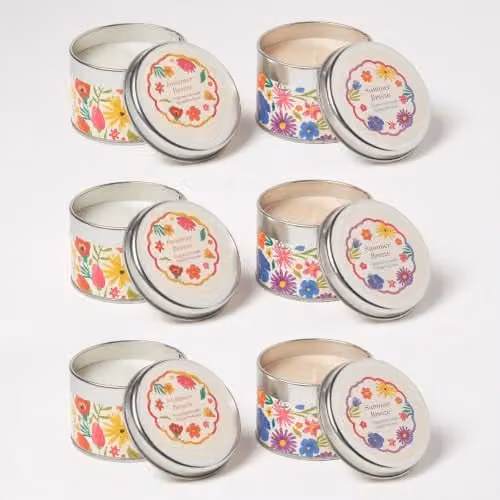 Homescapes Summer Breeze Floral Scented Candle Gift Set, 6 Pack, White and Multicolour