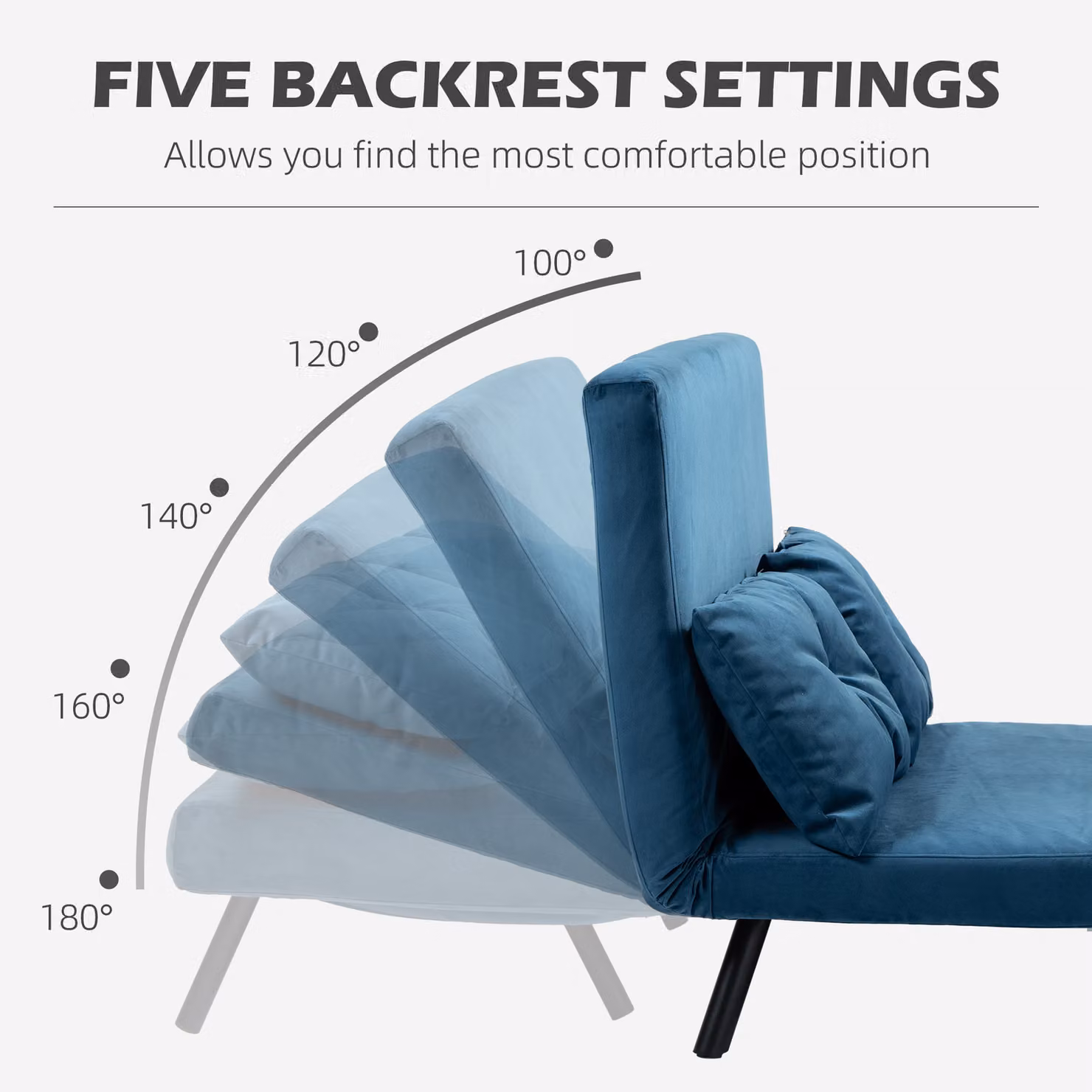 HOMCOM Click Clack Sofa Bed, Convertible 2 Seater Velvet Fabric Couch with 2 Scatter Cushions and Removable Covers, Navy Blue – 5