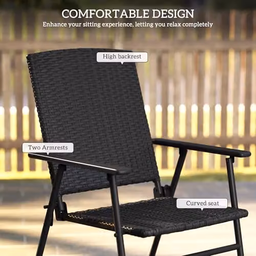 Outsunny Set of 2 Black PE Rattan Folding Garden Chairs with Armrests – 5