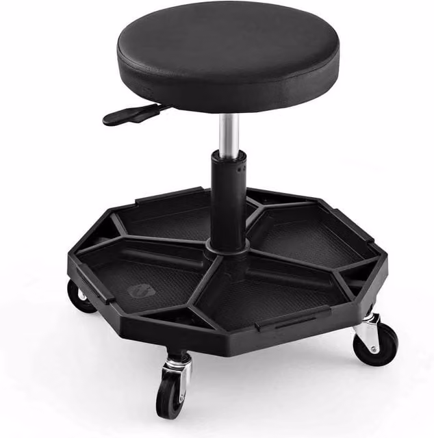 FORGEVIO Black Pneumatic Rolling Mechanic Stool with Synthetic Leather Seat and Castors