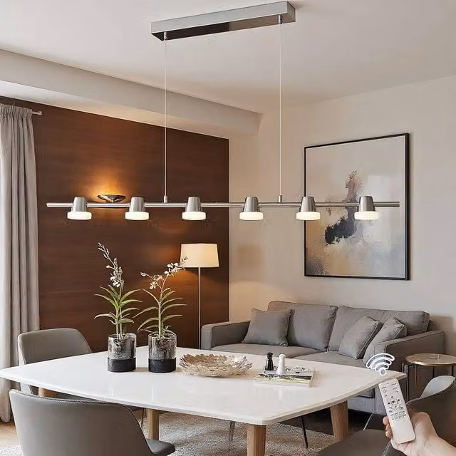 NIVOR 6 Light LED Kitchen Island Pendant Chandelier in Chrome Silver with Remote Control and Adjustable Height – 1