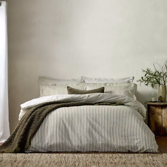 Make It A Home Hebden Melange Striped Cotton Duvet Cover Set, Green, W: 200 cm x H: 200 cm