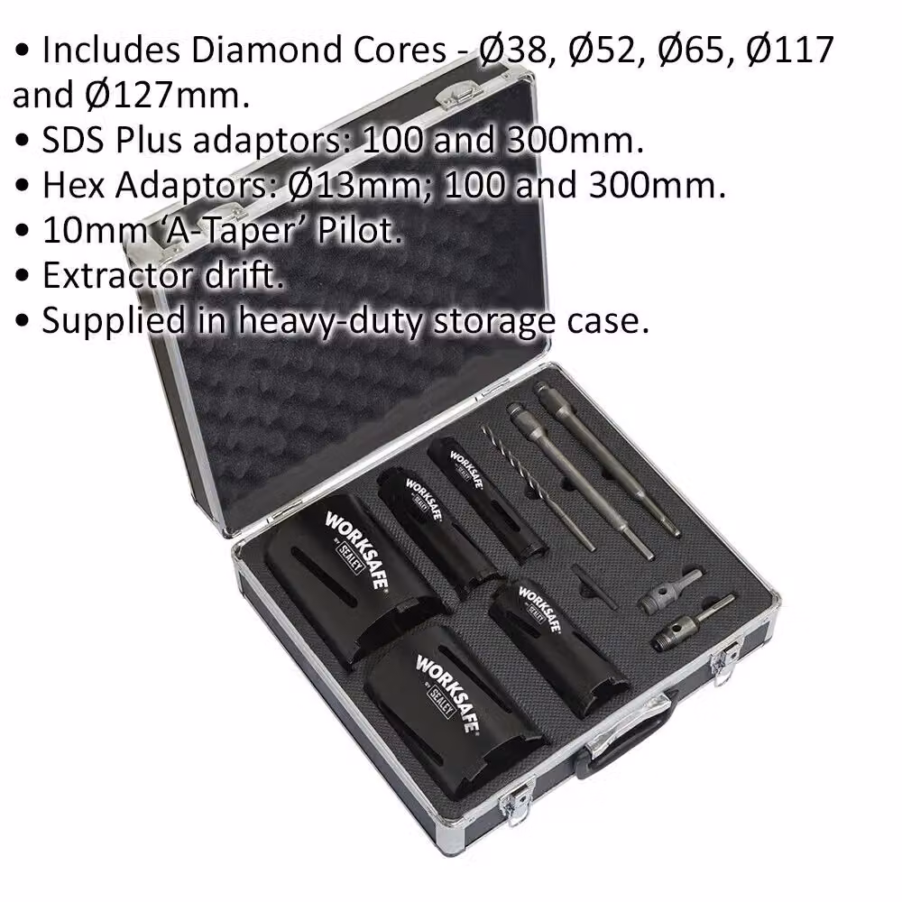 Loops 5 Piece Diamond Core Hole Saw Kit with SDS Plus and Hex Adaptors in Black and Multicolour – 2