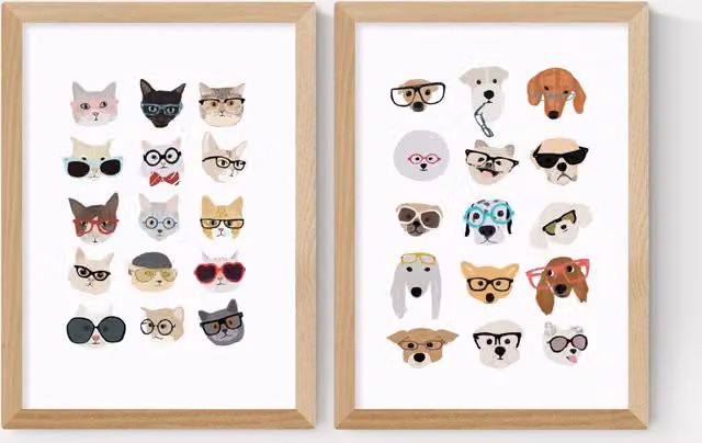 East End Prints Cats and Dogs in Glasses Twin Set Framed Animal Illustration in Beige and Multicolour