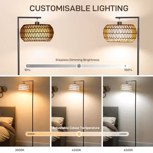 HOMCOM Boho Dimmable LED Floor Lamp with Remote Control and Foot Switch, Black, H 170 cm x W 33 cm x D 33 cm – 2